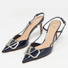 Valentino Navy Blue Patent Leather Vlogo Slingback Pumps Size 36.5
