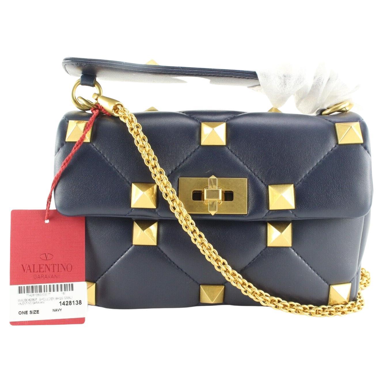 Valentino Navy Blue Quilted Roman Stud Crossbody GHW Chain 2VAL0407C