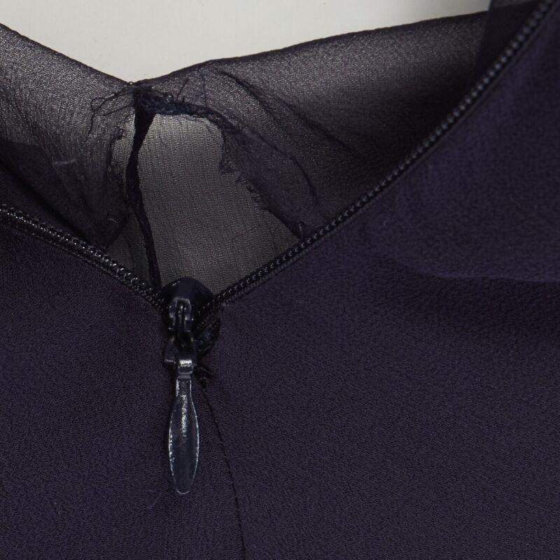VALENTINO navy blue silk draped front waterfall tier hem sheer sleeve dress US2 7
