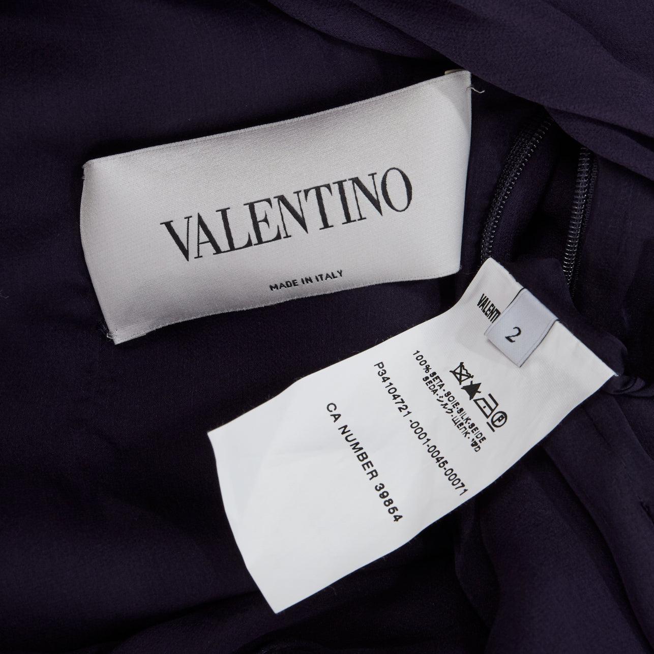VALENTINO navy blue silk draped front waterfall tier hem sheer sleeve dress US2 For Sale 8