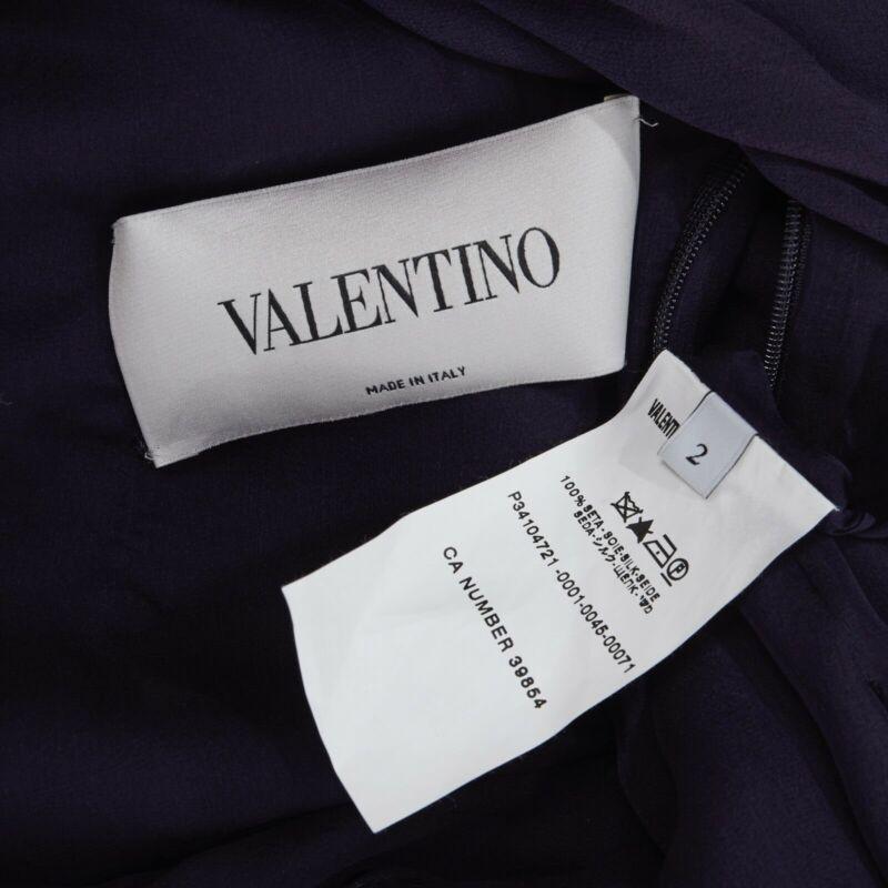 VALENTINO navy blue silk draped front waterfall tier hem sheer sleeve dress US2 8