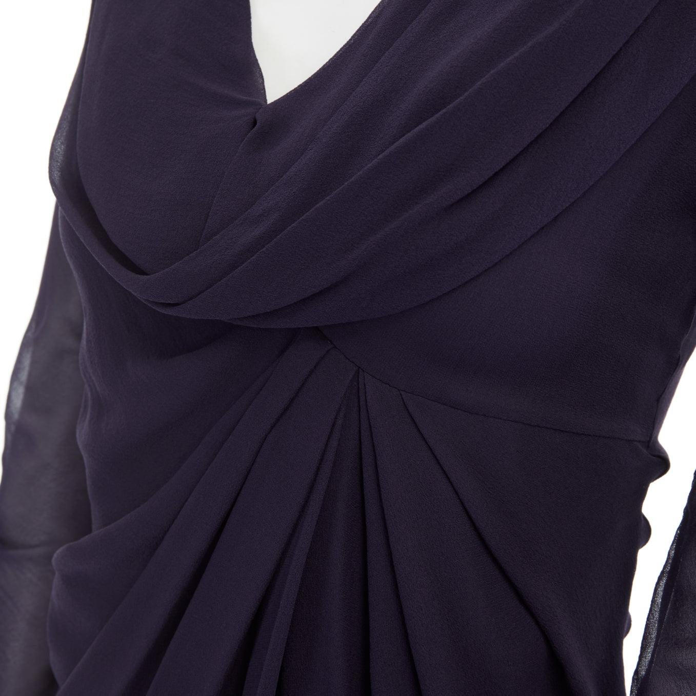 VALENTINO navy blue silk draped front waterfall tier hem sheer sleeve dress US2
Reference: LNKO/A00506
Brand: Valentino
Designer: Pier Paolo Piccioli
Material: Silk
Color: Blue
Pattern: Solid
Closure: Zip
Extra Details: Silk. Navy blue. Draped
