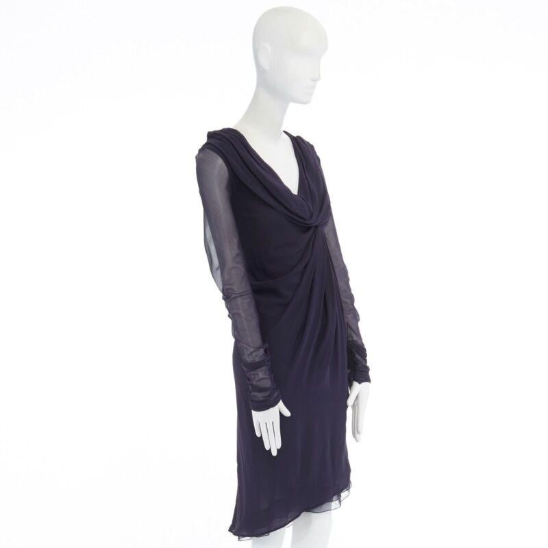 Black VALENTINO navy blue silk draped front waterfall tier hem sheer sleeve dress US2