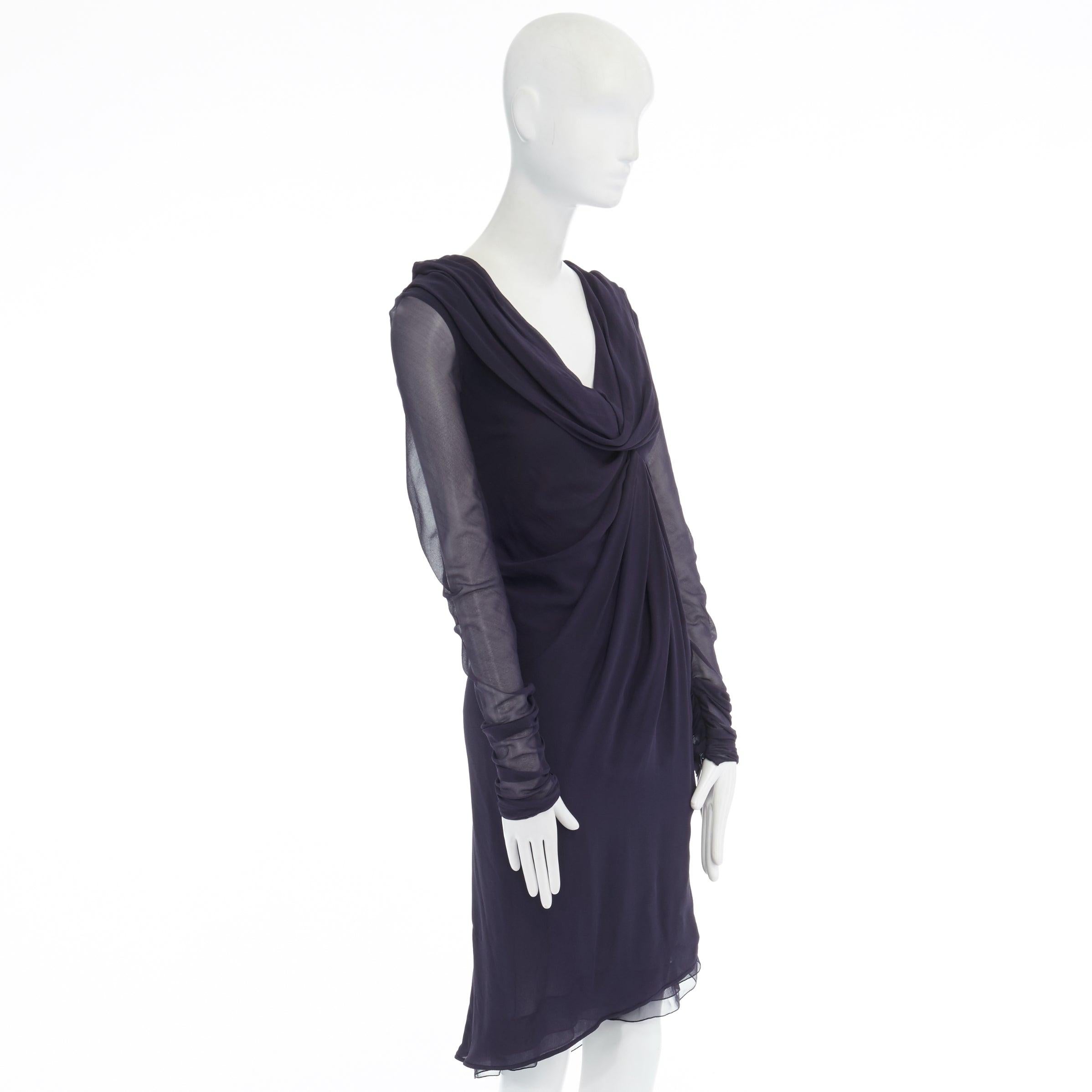 Women's VALENTINO navy blue silk draped front waterfall tier hem sheer sleeve dress US2 For Sale