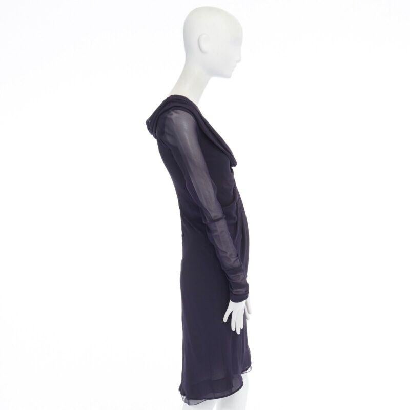 Women's VALENTINO navy blue silk draped front waterfall tier hem sheer sleeve dress US2