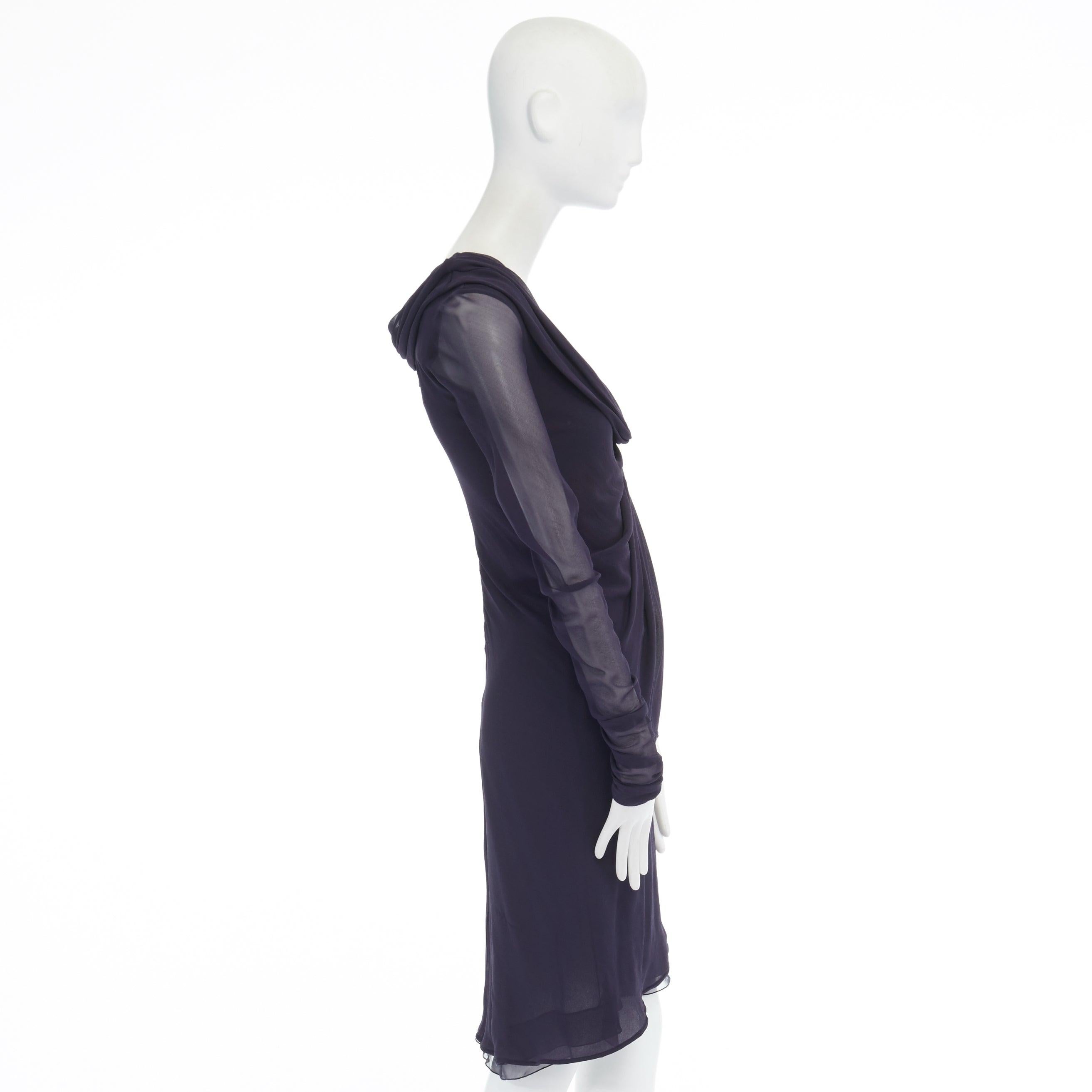 VALENTINO navy blue silk draped front waterfall tier hem sheer sleeve dress US2 For Sale 1