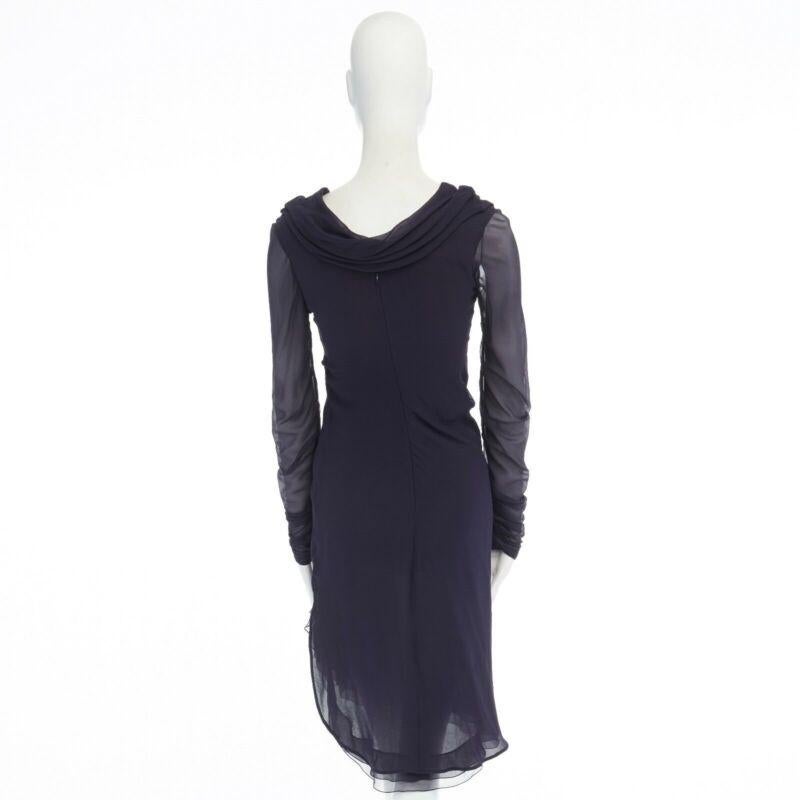VALENTINO navy blue silk draped front waterfall tier hem sheer sleeve dress US2 1