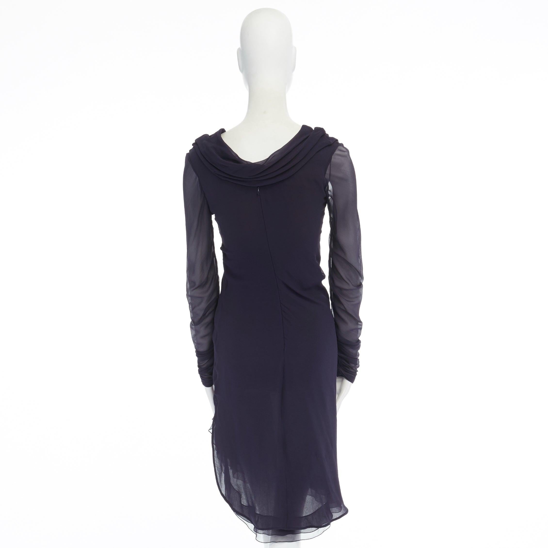 VALENTINO navy blue silk draped front waterfall tier hem sheer sleeve dress US2 For Sale 2