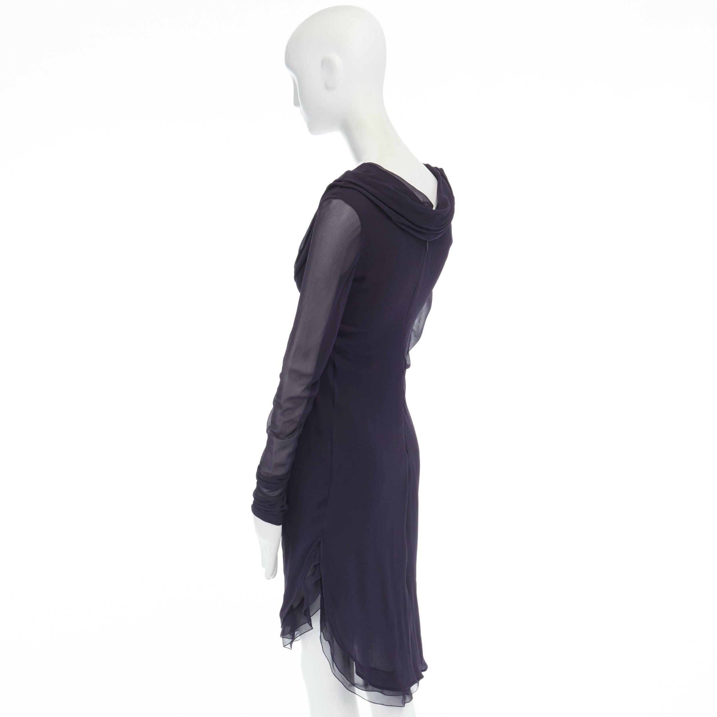 VALENTINO navy blue silk draped front waterfall tier hem sheer sleeve dress US2 For Sale 3