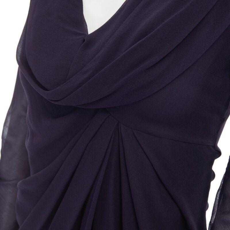 VALENTINO navy blue silk draped front waterfall tier hem sheer sleeve dress US2 3