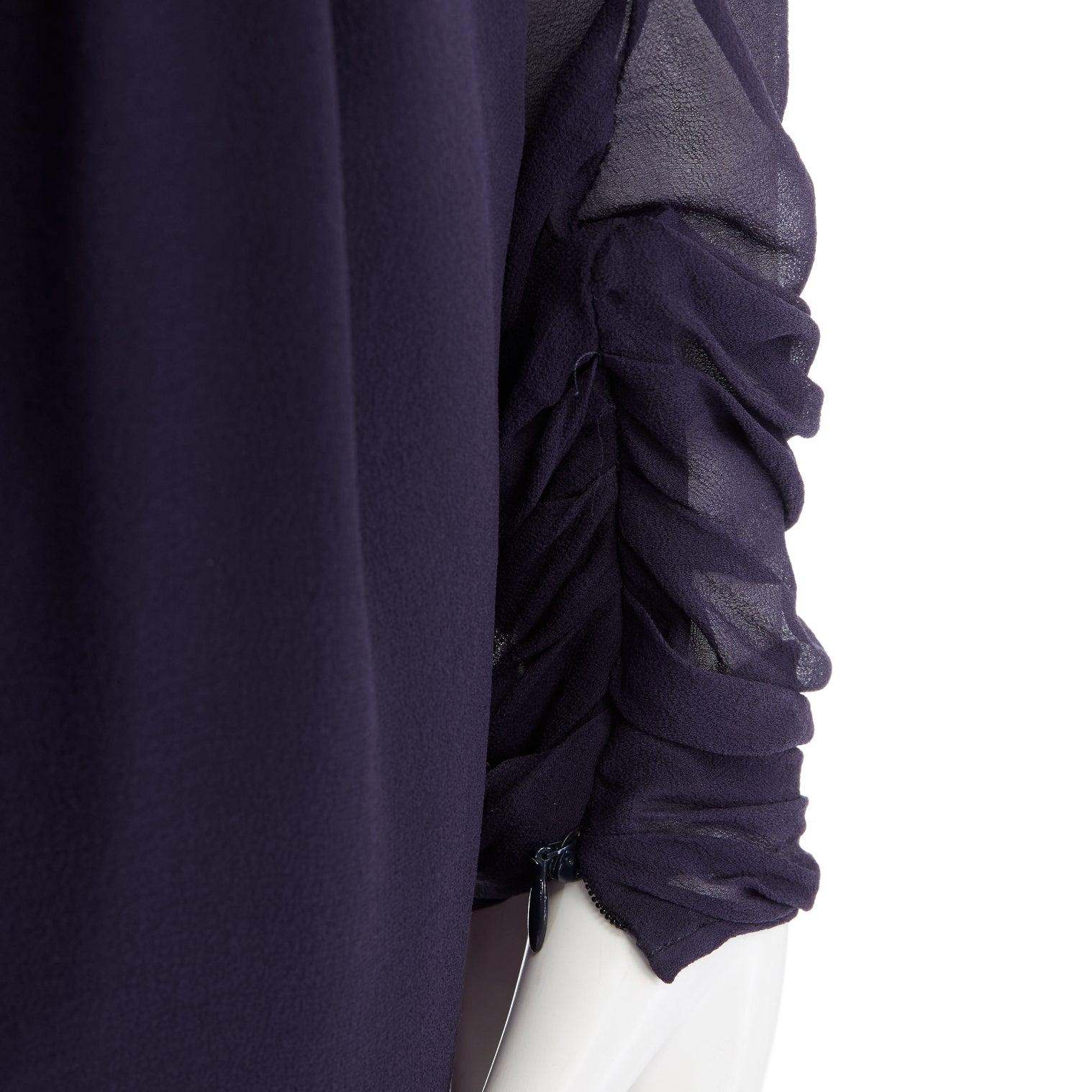 VALENTINO navy blue silk draped front waterfall tier hem sheer sleeve dress US2 For Sale 4