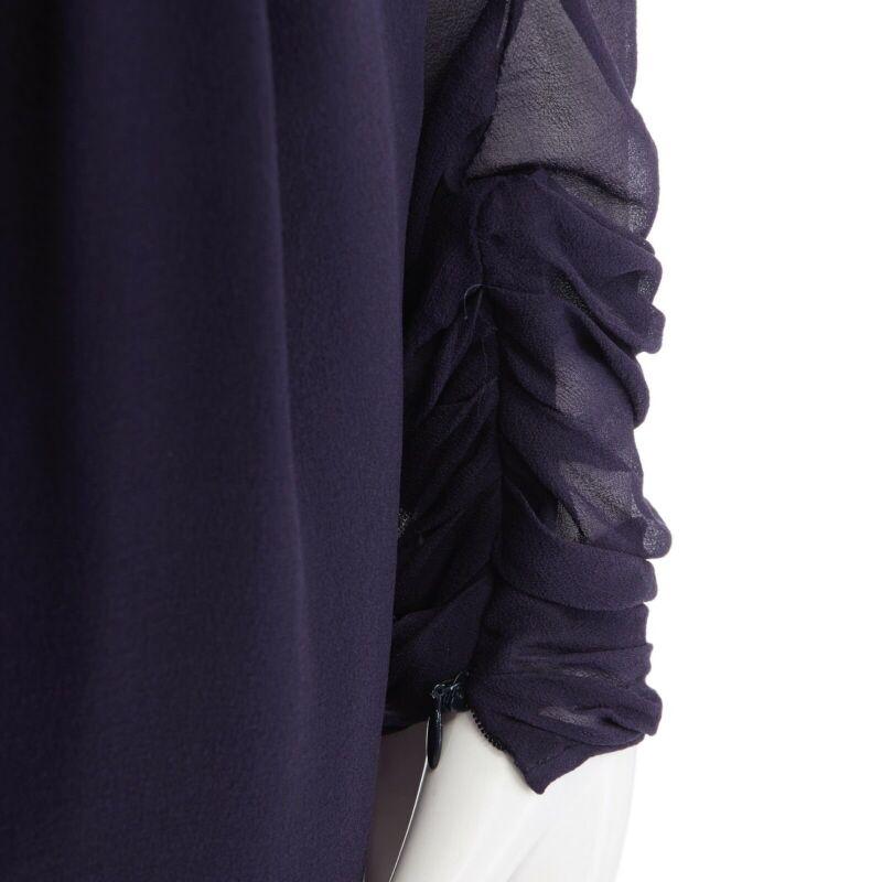 VALENTINO navy blue silk draped front waterfall tier hem sheer sleeve dress US2 4