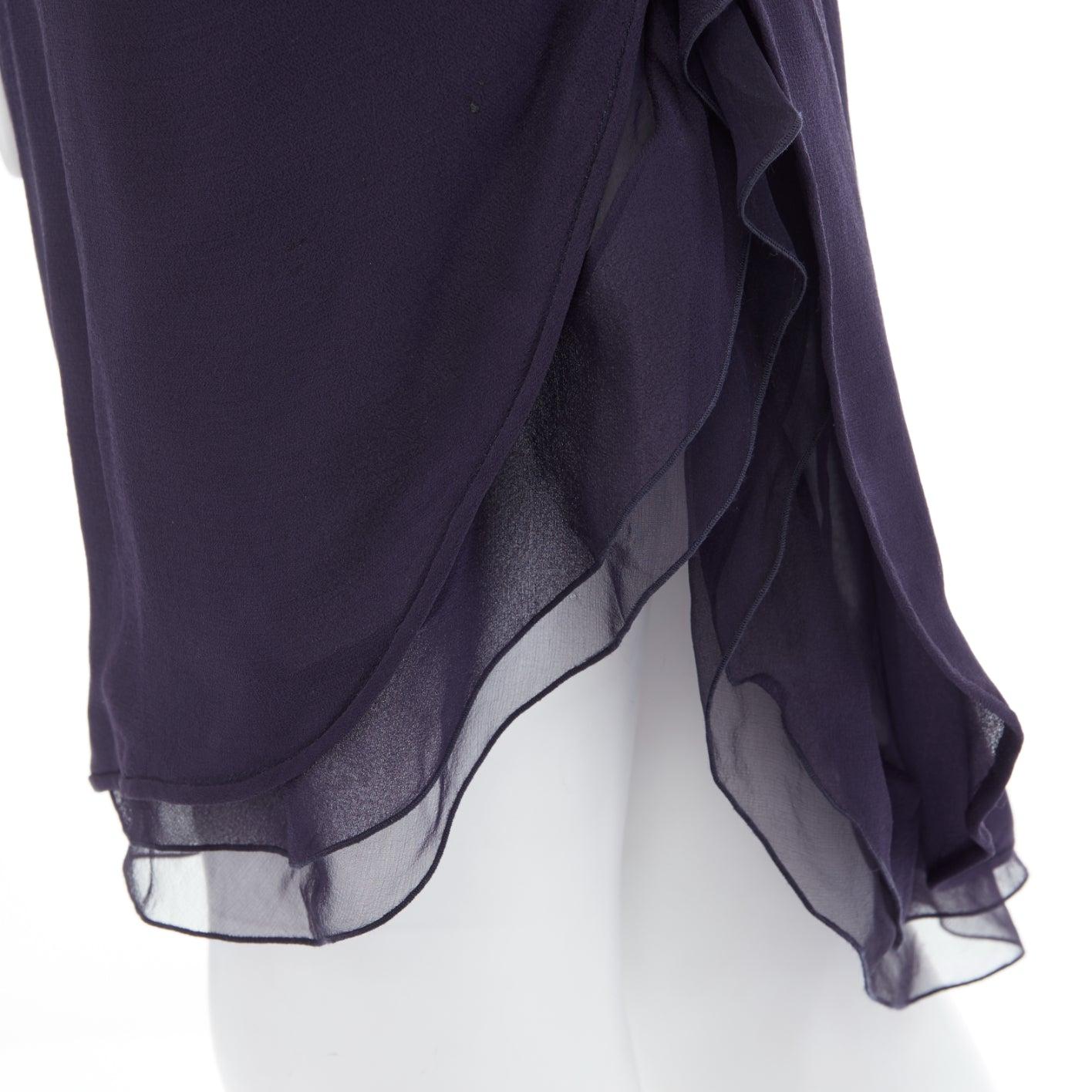VALENTINO navy blue silk draped front waterfall tier hem sheer sleeve dress US2 For Sale 5