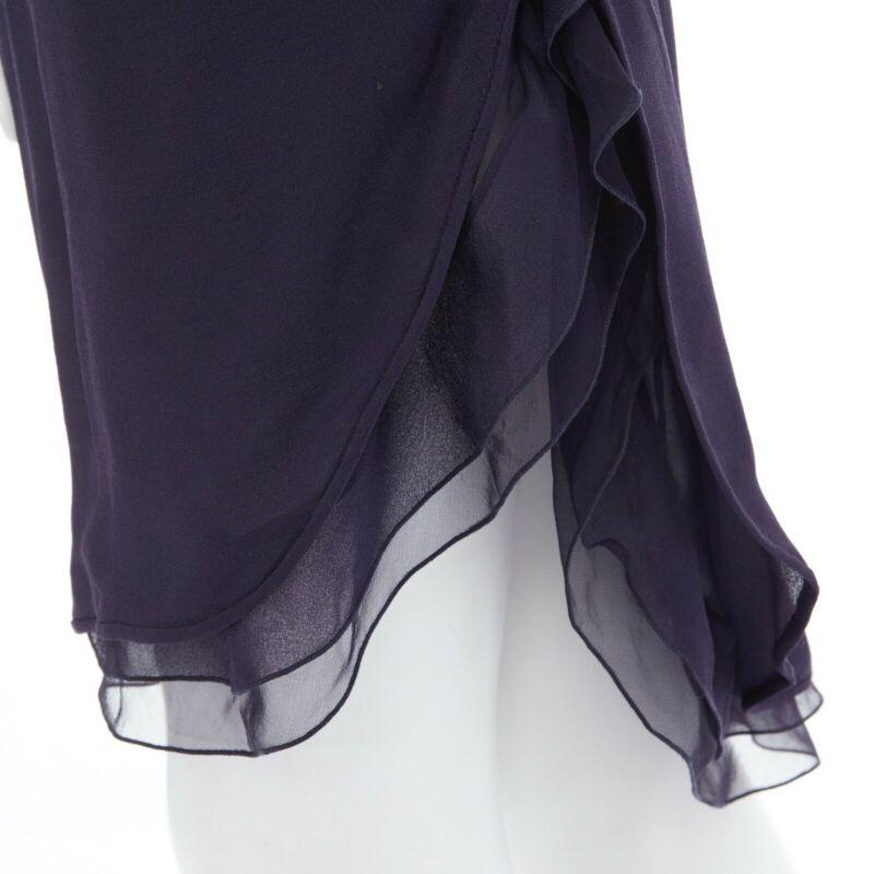 VALENTINO navy blue silk draped front waterfall tier hem sheer sleeve dress US2 5