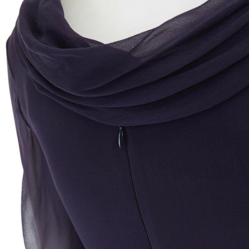 VALENTINO navy blue silk draped front waterfall tier hem sheer sleeve dress US2 6