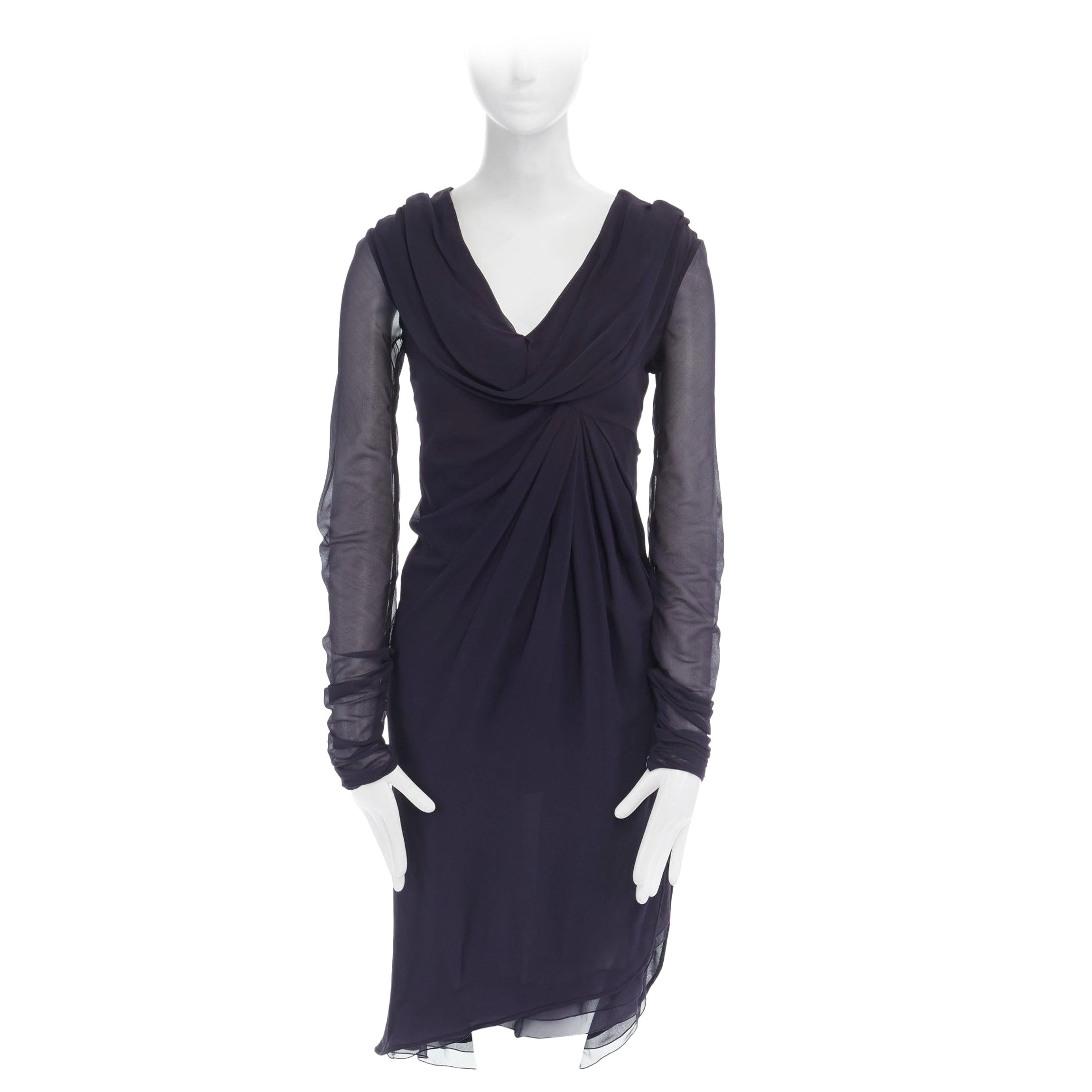 VALENTINO navy blue silk draped front waterfall tier hem sheer sleeve dress US2