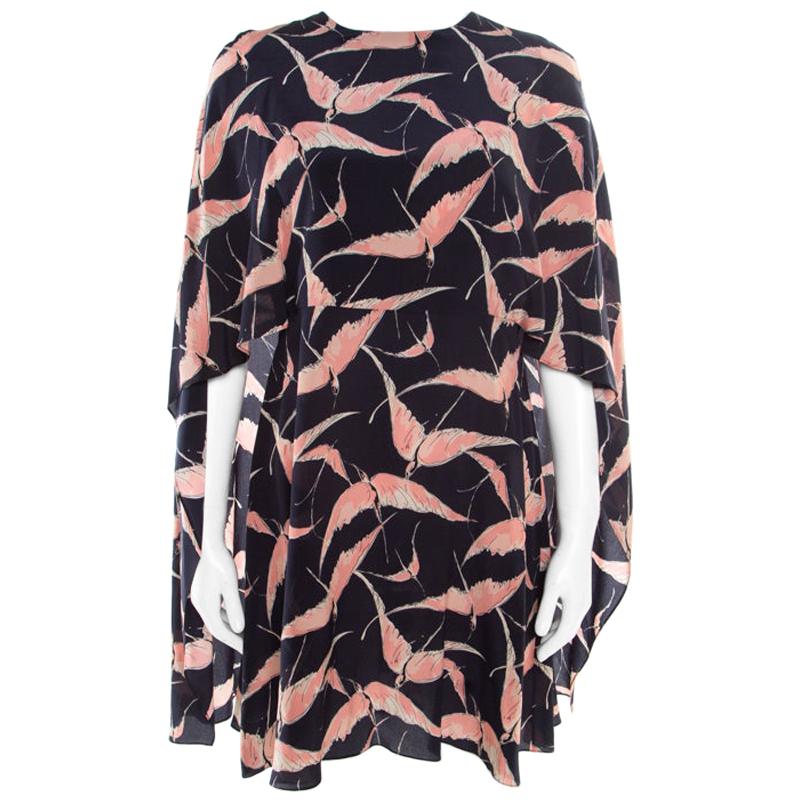 Valentino Navy Blue Swallow Print Silk Mini Capelet Dress M