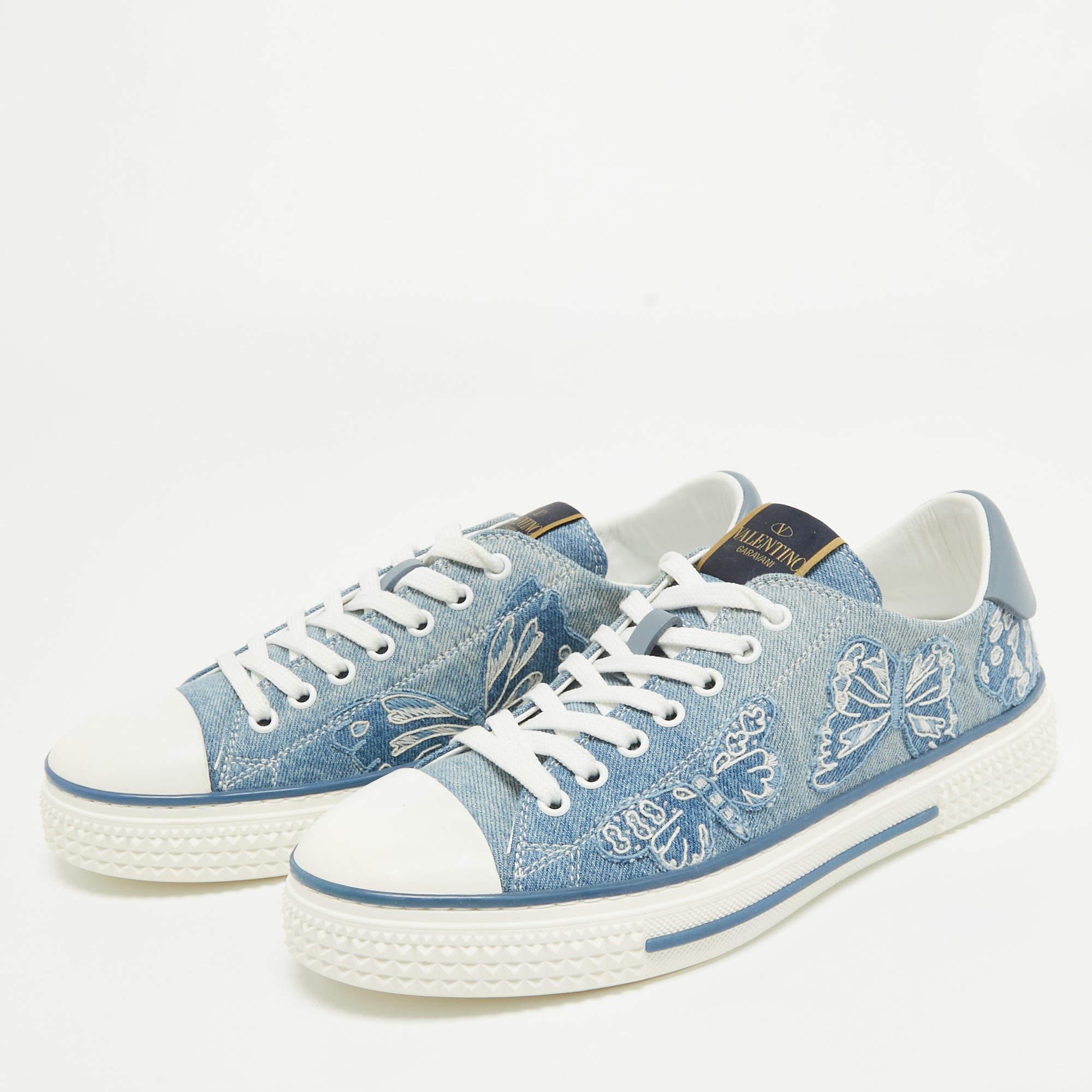 Valentino Navy Blue/White Denim and Leather Butterfly Low Top Sneakers Size 40 For Sale 3