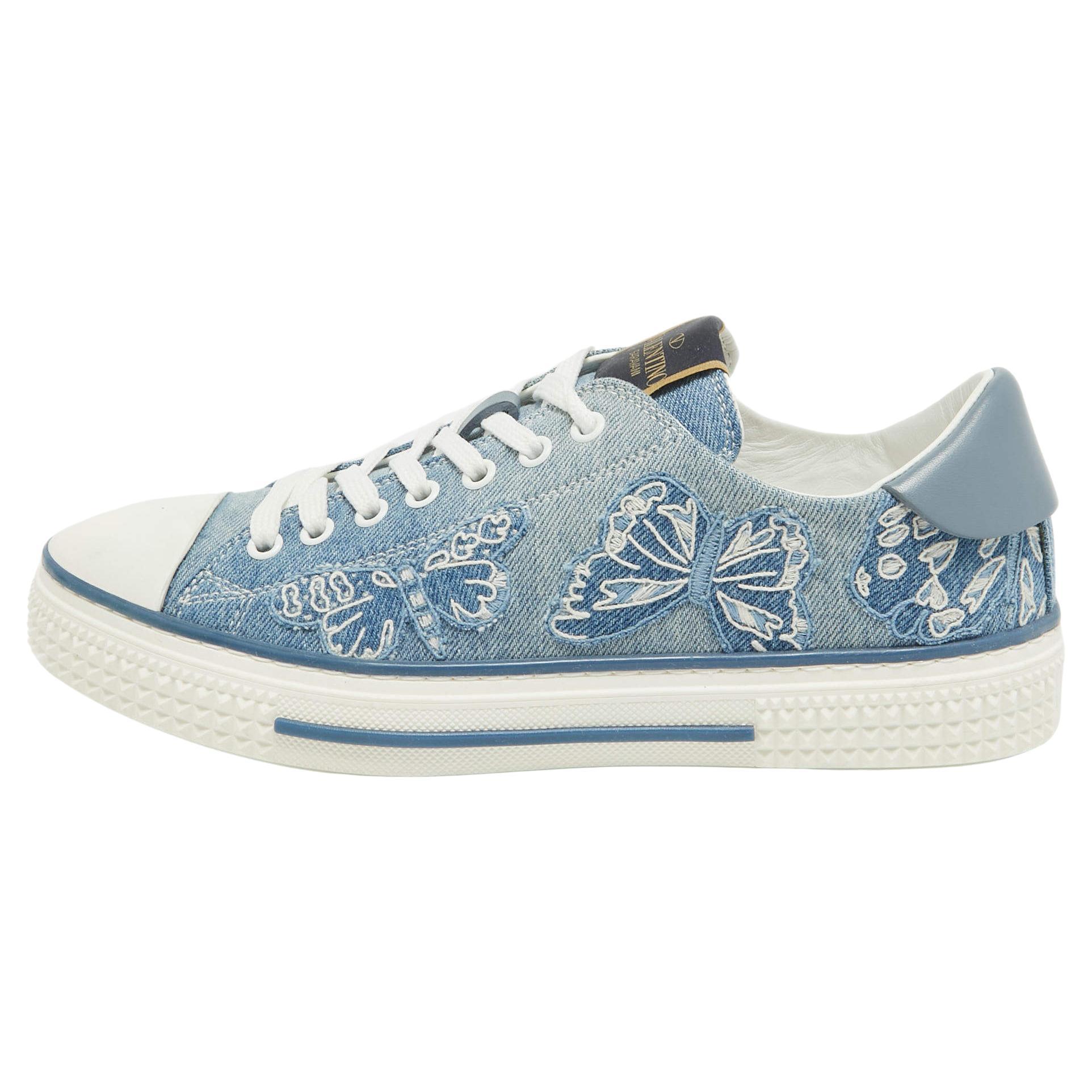 Valentino Navy Blue/White Denim and Leather Butterfly Low Top Sneakers Size 40 For Sale