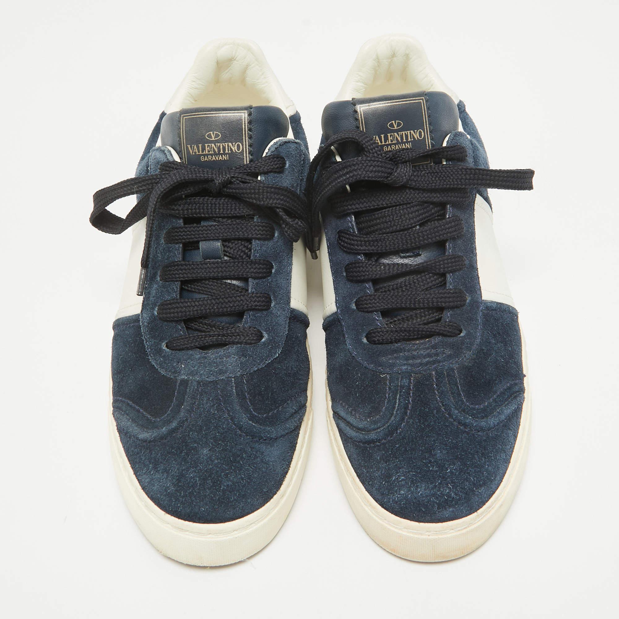 Beige Valentino Navy Blue/White Suede and Leather Flycrew Sneakers Size 38.5