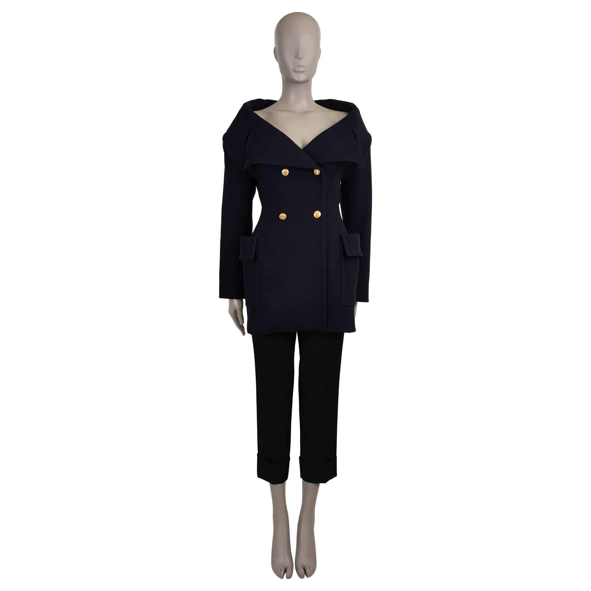 VALENTINO navy blue wool 20202 OFF-SHOULDER TWILL PEACOAT Jacket 40 S In Excellent Condition For Sale In Zürich, CH