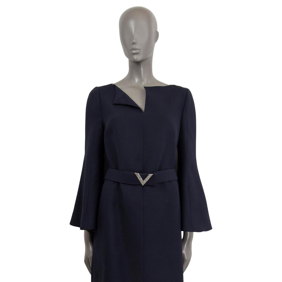 Black VALENTINO navy blue wool V BELTED EMBELLISHED Shift Dress 44 L For Sale