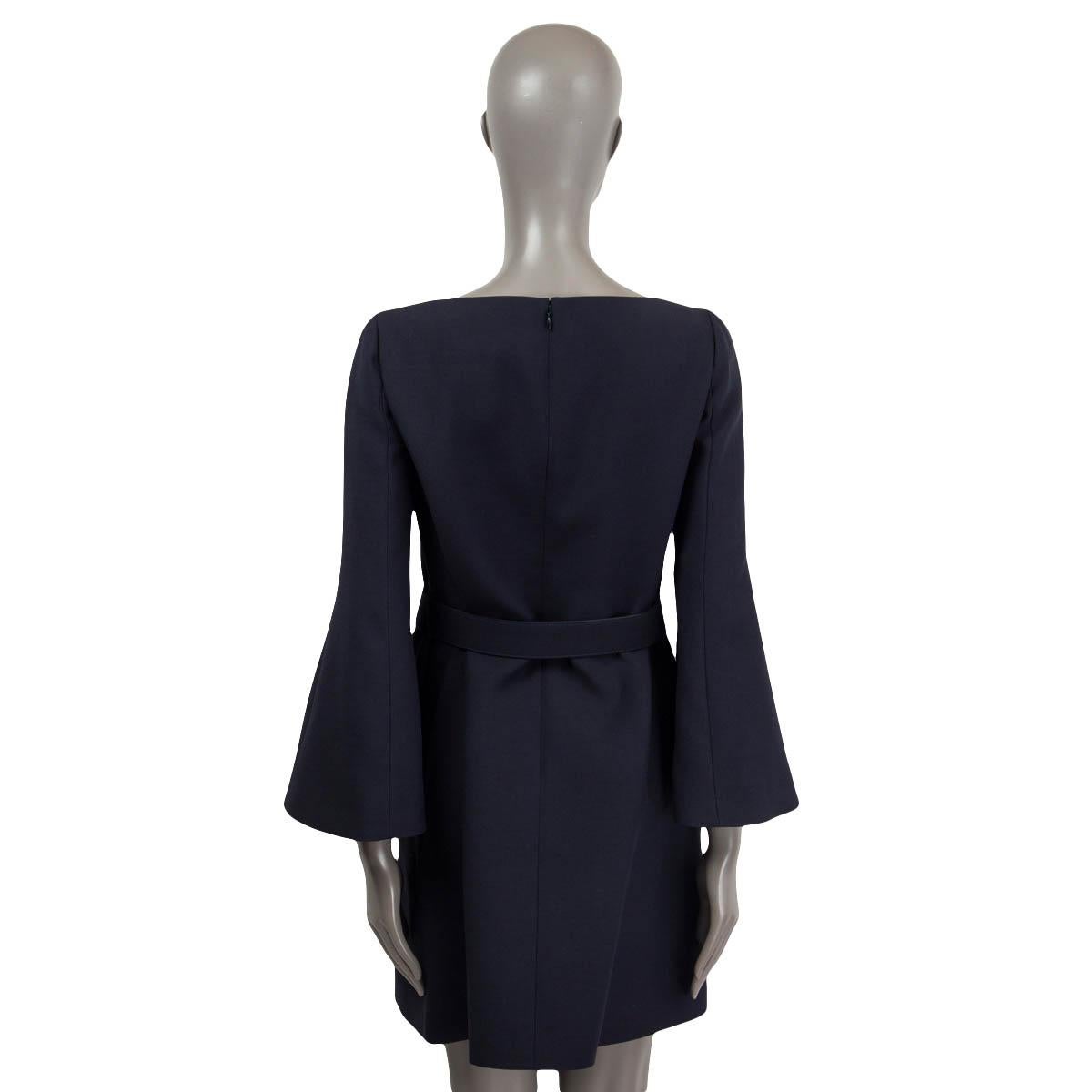Women's VALENTINO navy blue wool V BELTED EMBELLISHED Shift Dress 44 L For Sale