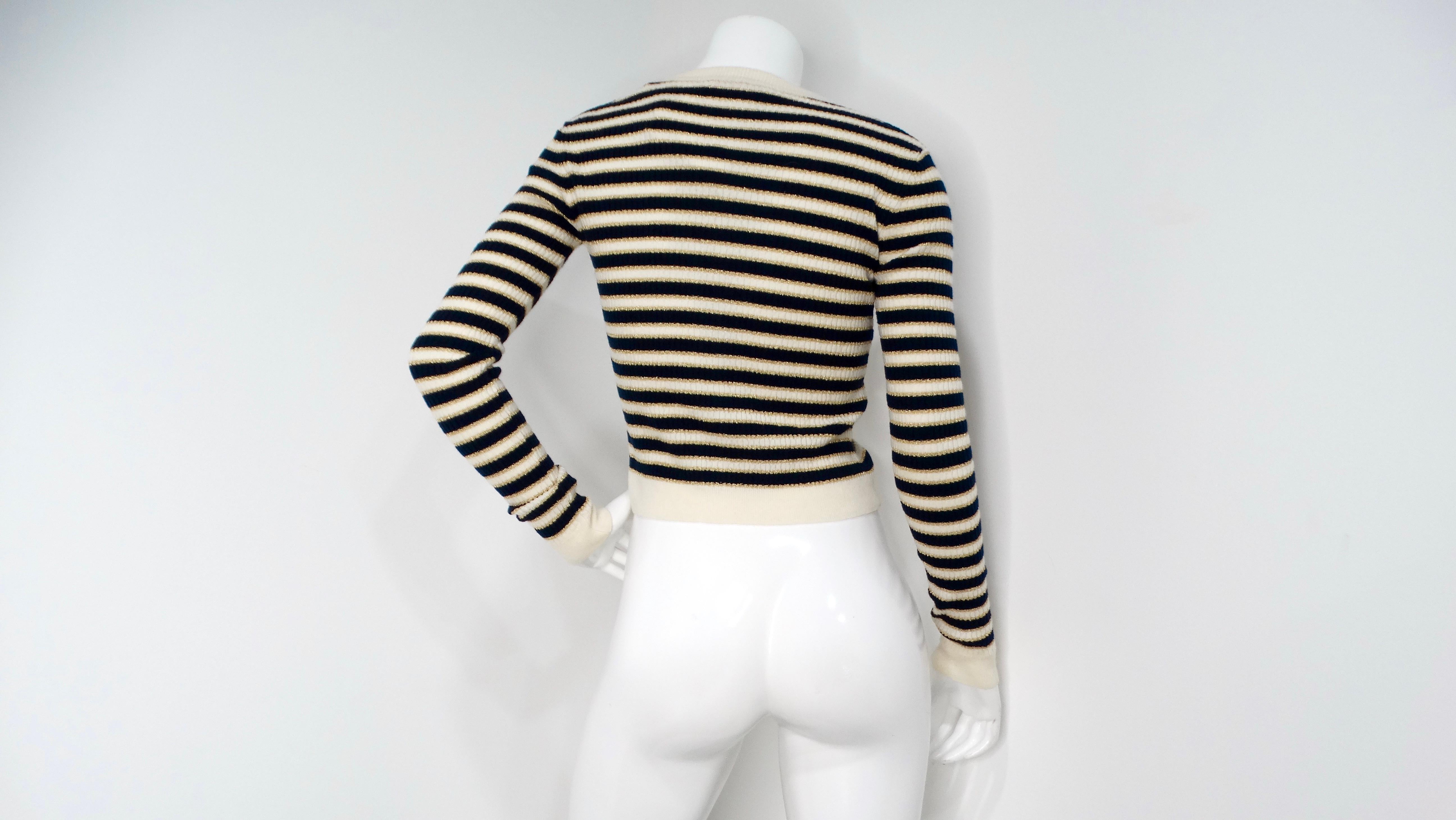 Gray Valentino Navy, Cream & Gold Lurex Striped Rockstud Button Cropped Cardigan For Sale