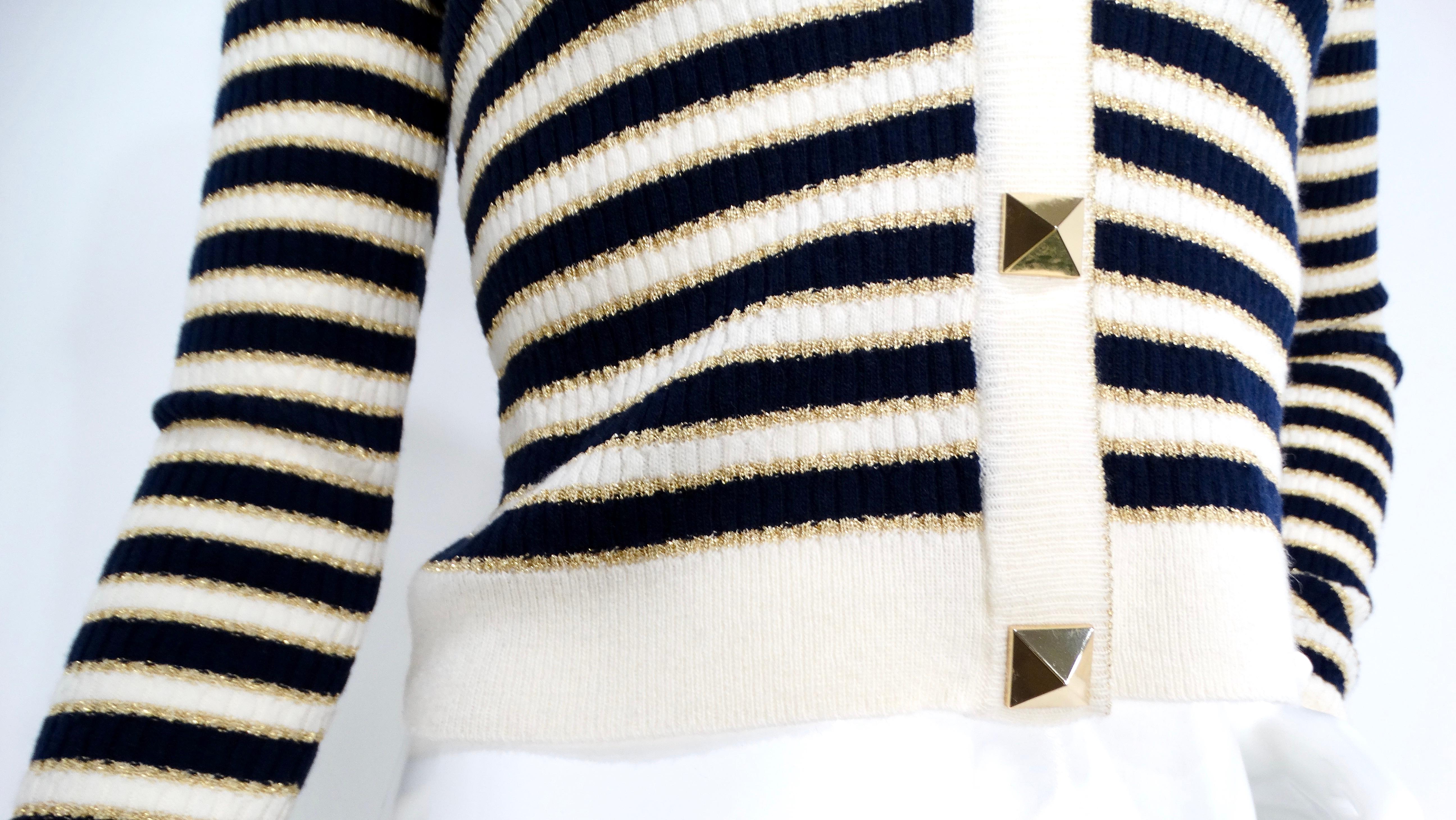 Women's or Men's Valentino Navy, Cream & Gold Lurex Striped Rockstud Button Cropped Cardigan For Sale