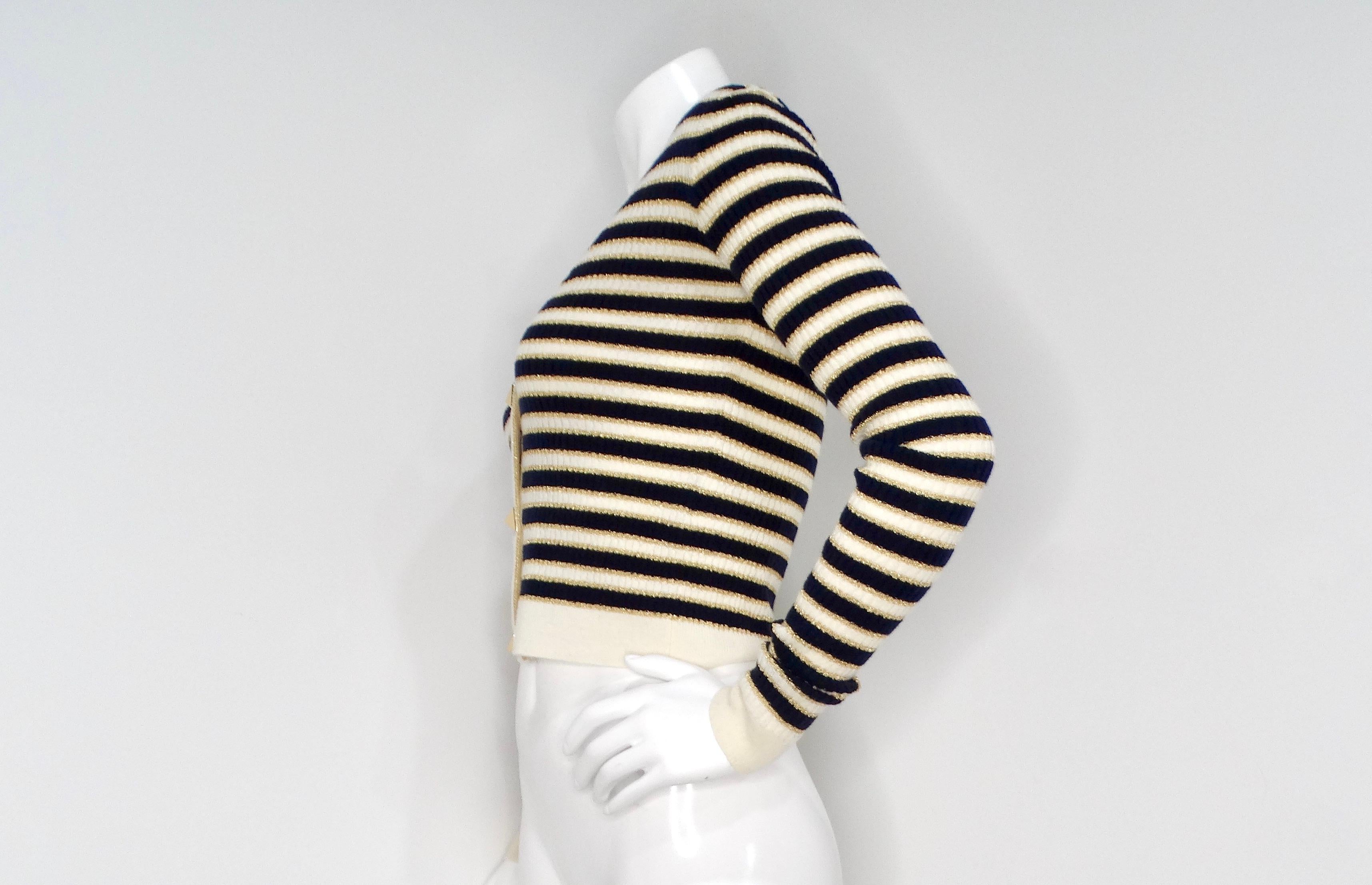 Valentino Navy, Cream & Gold Lurex Striped Rockstud Button Cropped Cardigan For Sale 1