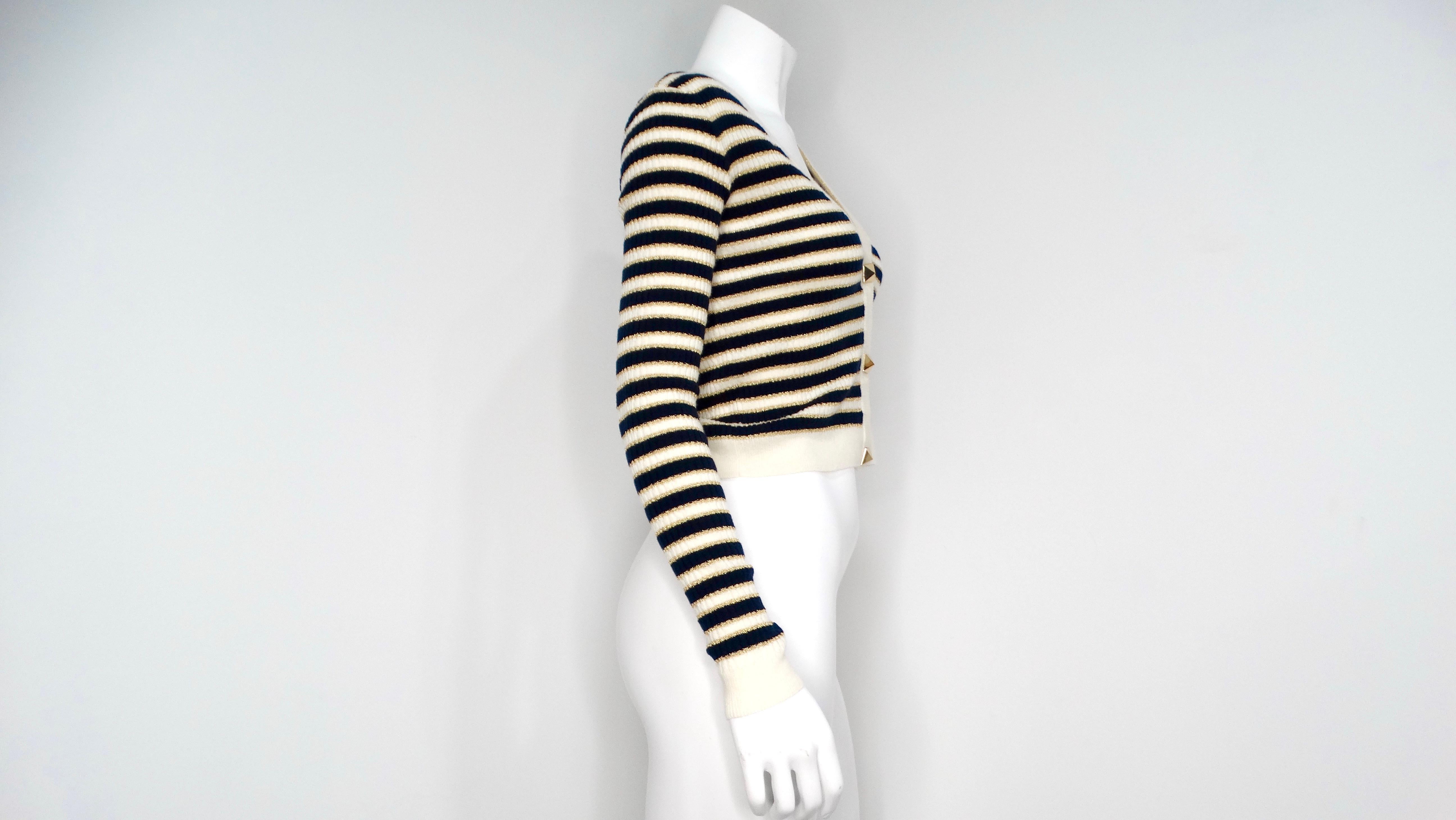 Valentino Navy, Cream & Gold Lurex Striped Rockstud Button Cropped Cardigan For Sale 2