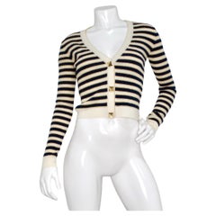 Valentino Navy, Cream & Gold Lurex Striped Rockstud Button Cropped Cardigan