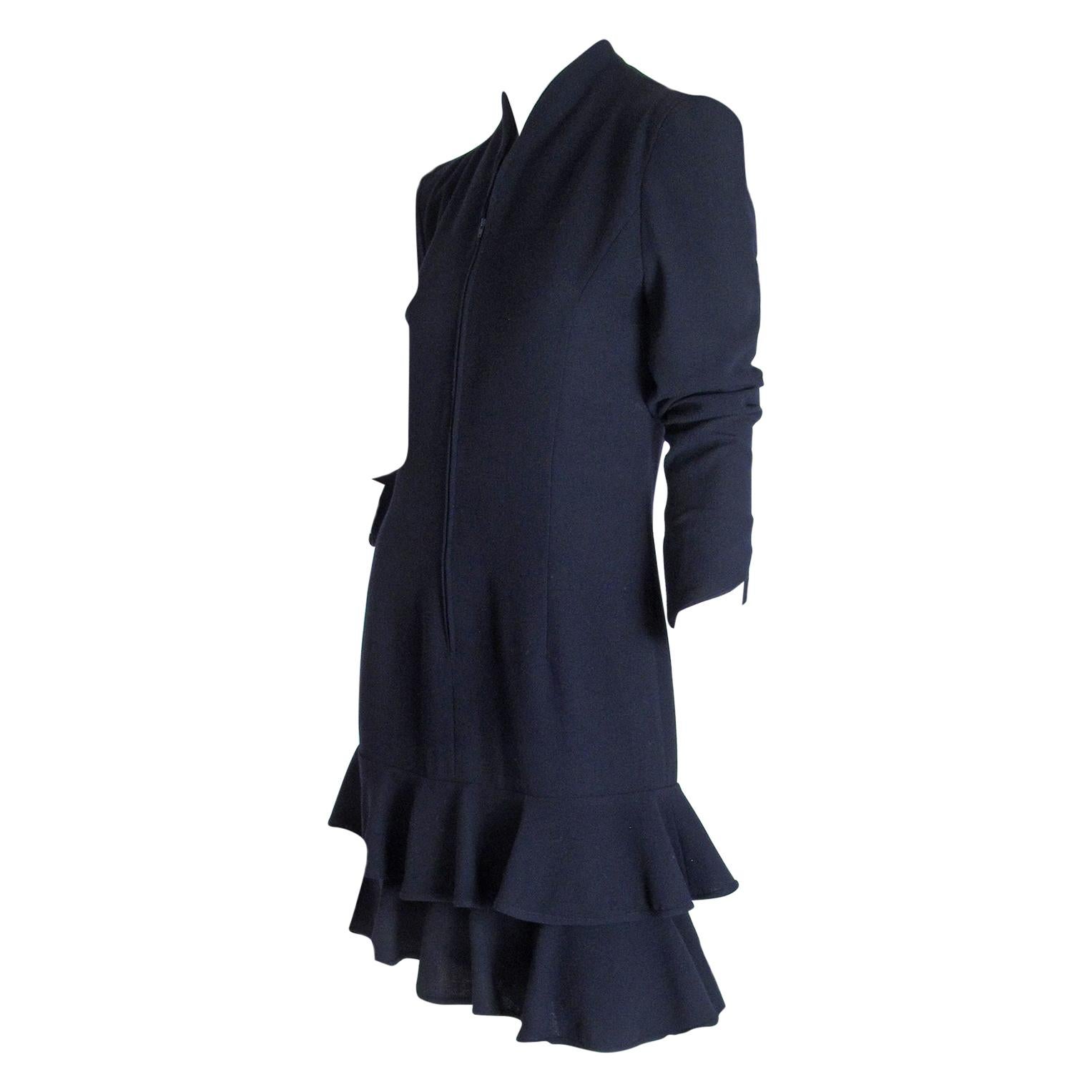 Valentino Navy Dress with Zipper Front and Ruffles