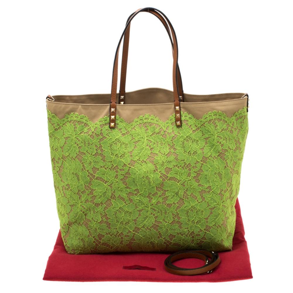 Valentino Neon Green/Brown Canvas Reversible Glamorous Lace Tote 7