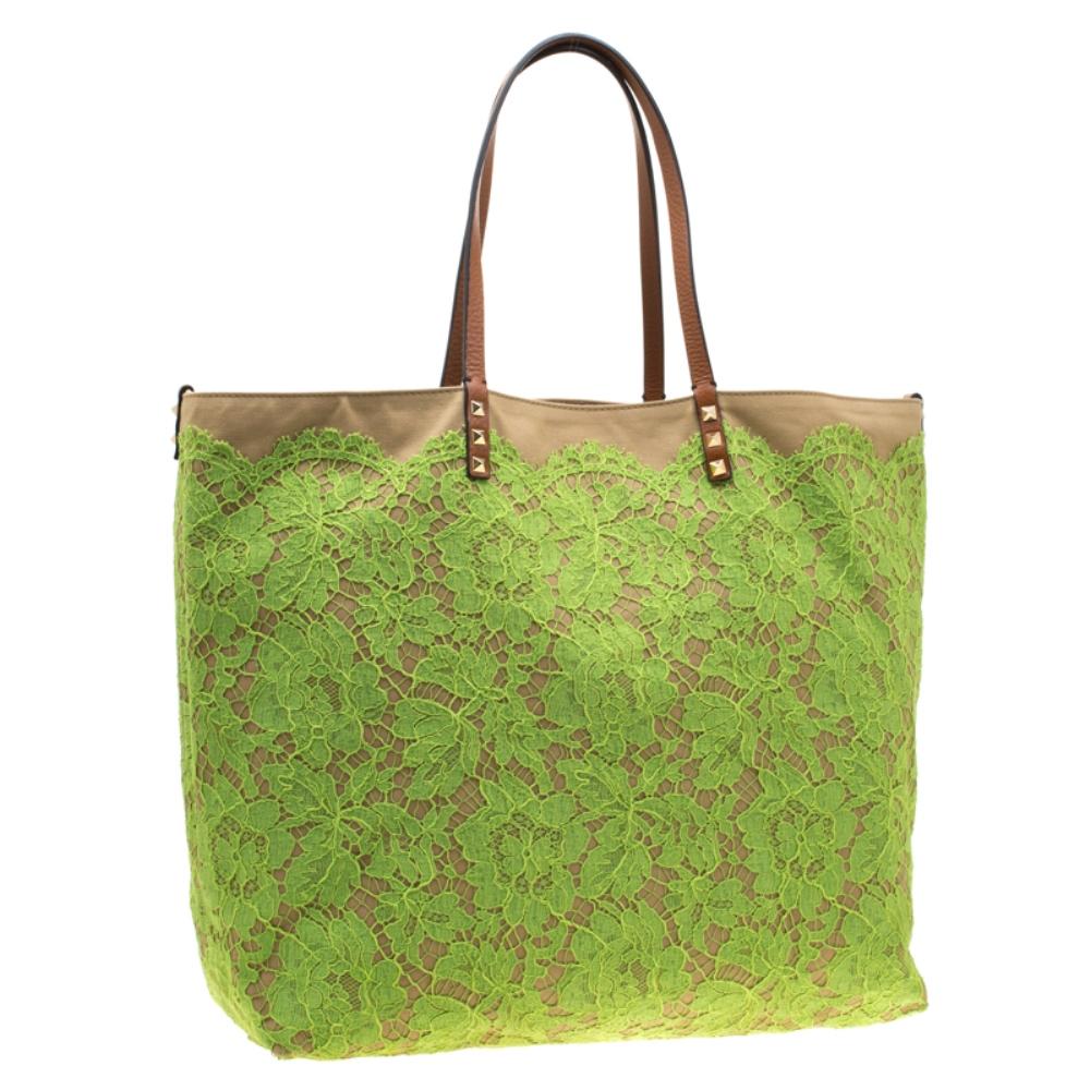 Women's Valentino Neon Green/Brown Canvas Reversible Glamorous Lace Tote