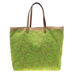 Valentino Neon Green/Brown Canvas Reversible Glamorous Lace Tote