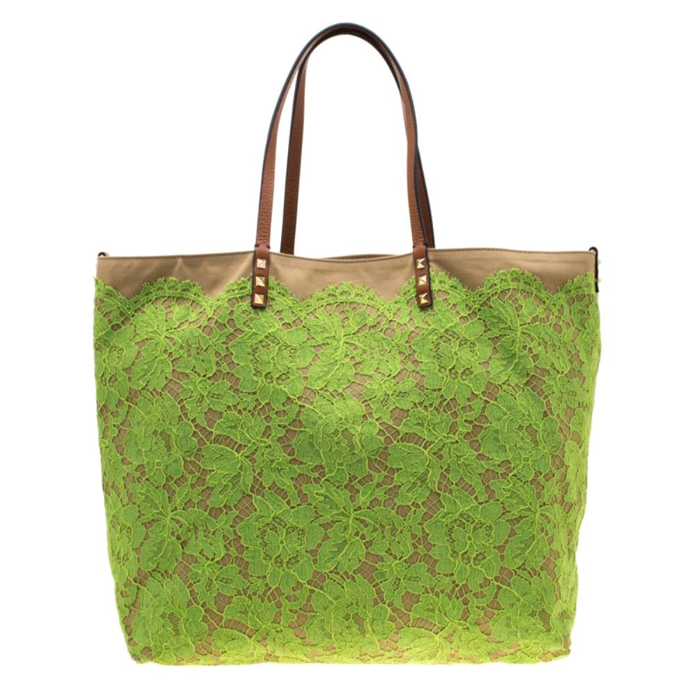 Valentino Neon Green/Brown Canvas Reversible Glamorous Lace Tote