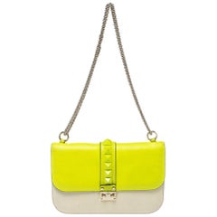 Valentino Neon Green/Cream Leather Medium Glam Lock Flap Bag