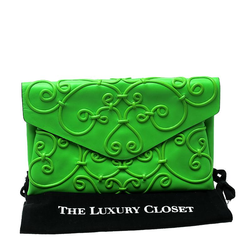 Valentino Neon Green Leather Intricate Clutch 8