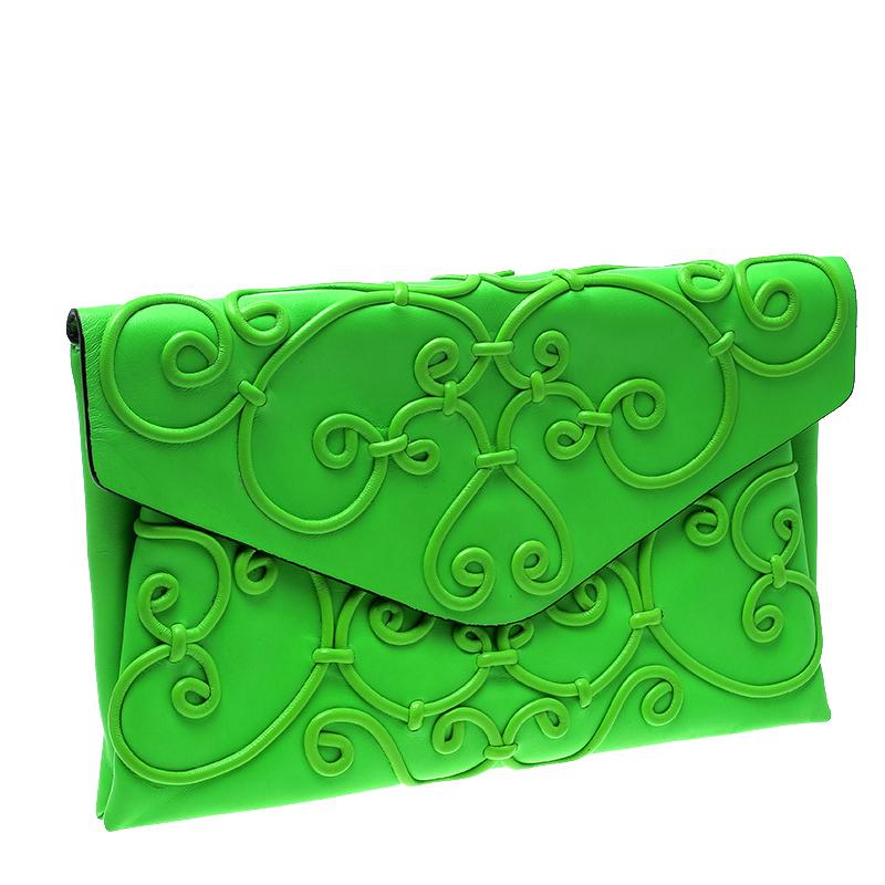 Women's Valentino Neon Green Leather Intricate Clutch