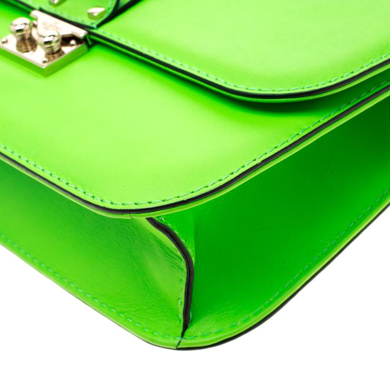 Valentino Neon Green Leather Rockstud Medium Glam Lock Flap Bag For Sale 4