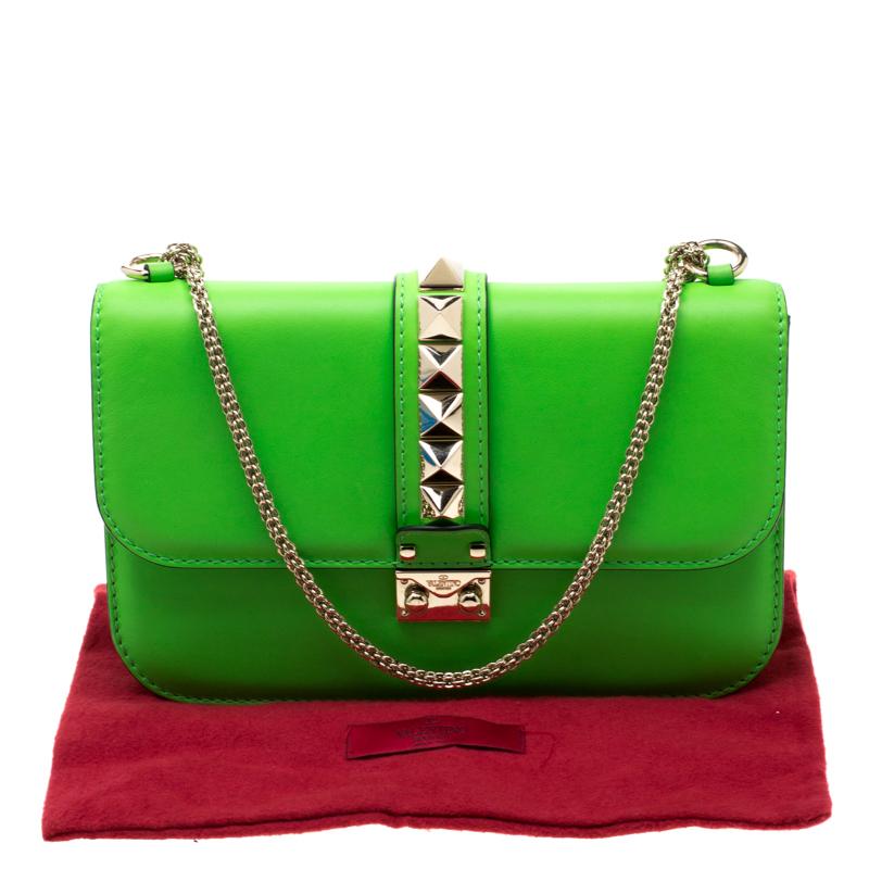 Valentino Neon Green Leather Rockstud Medium Glam Lock Flap Bag 5