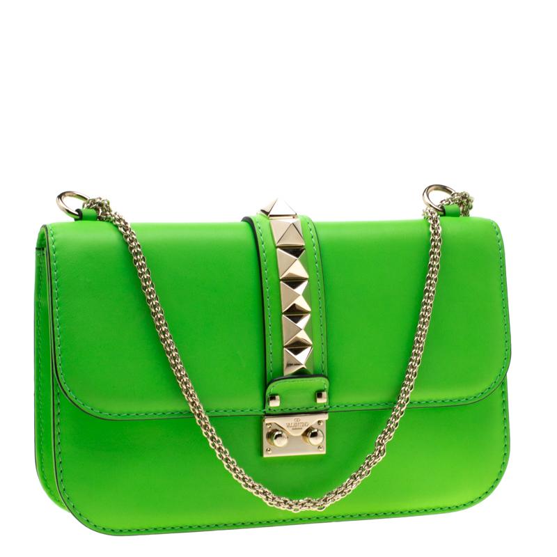 Valentino Neon Green Leather Rockstud Medium Glam Lock Flap Bag