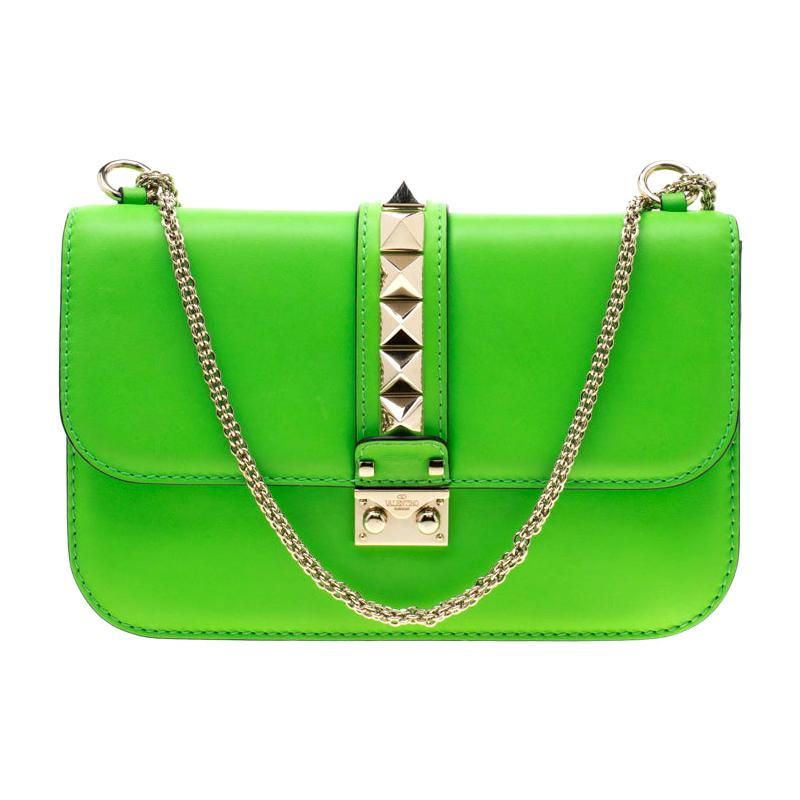 Valentino Neon Green Leather Rockstud Medium Glam Lock Flap Bag