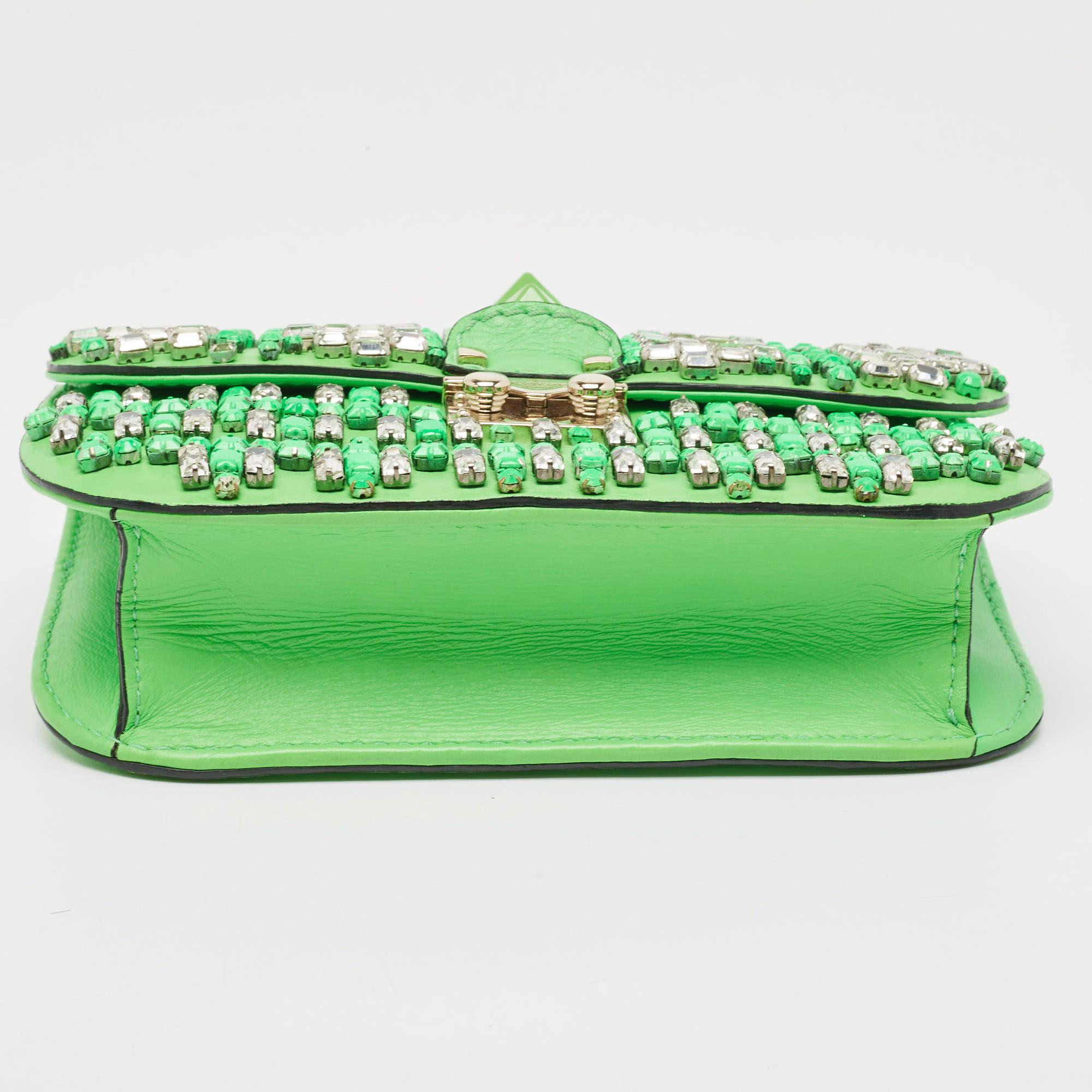 Valentino Neon Green Leather Small Glam Lock Crystals Flap Bag For Sale 6
