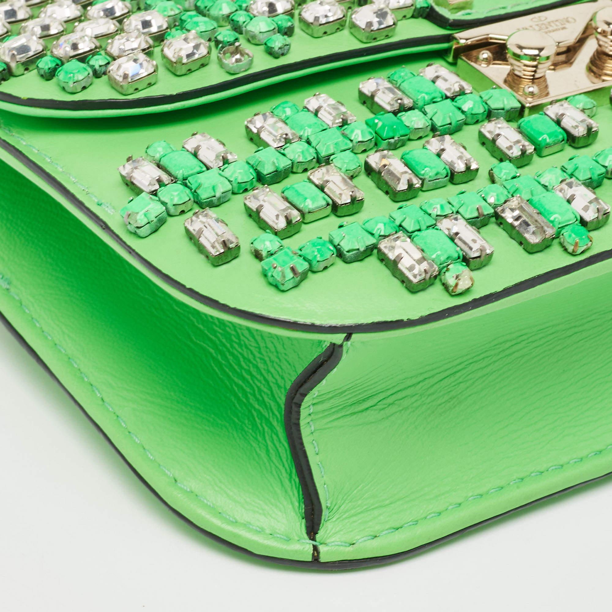 Valentino Neon Green Leather Small Glam Lock Crystals Flap Bag For Sale 7