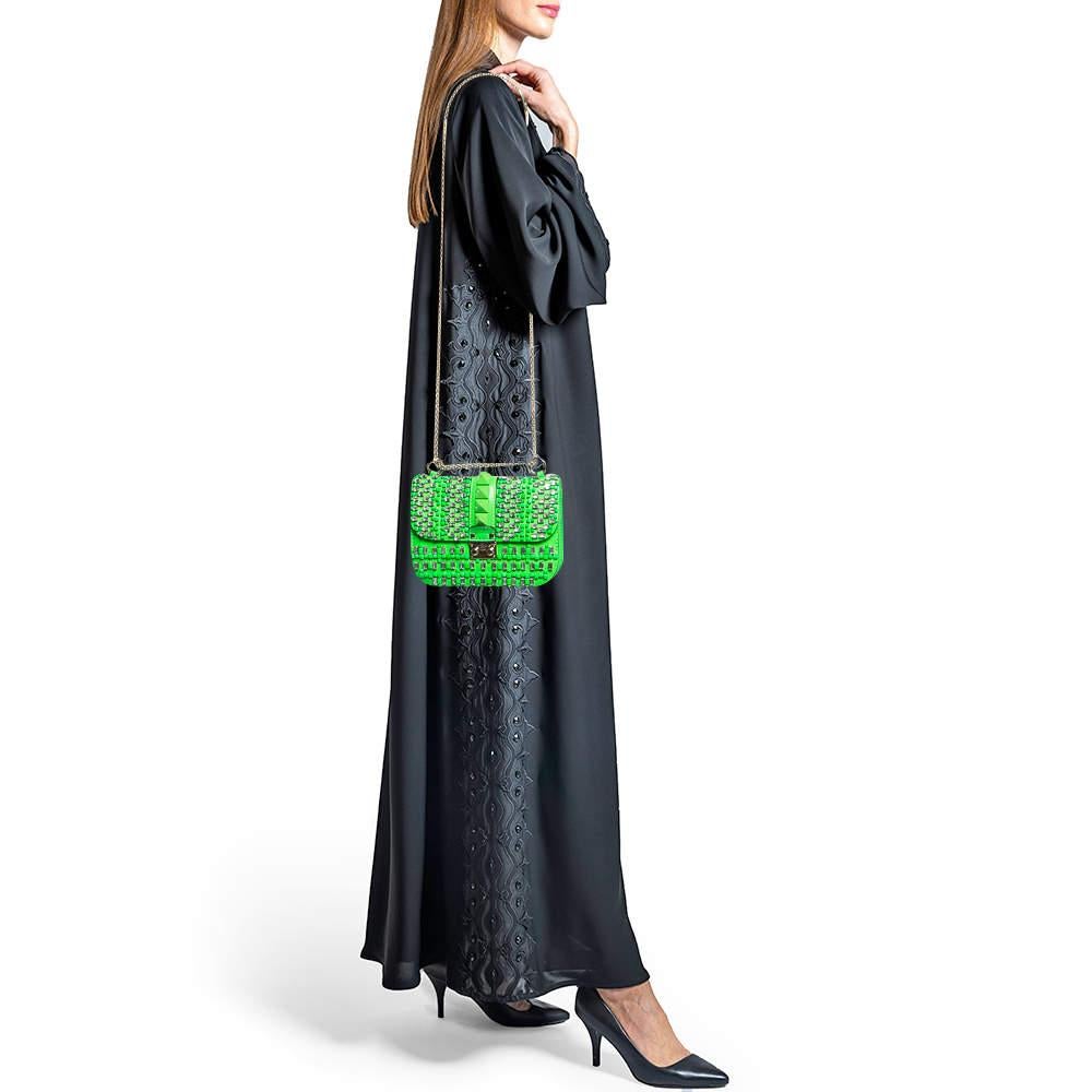 Valentino Neon Green Leather Small Glam Lock Crystals Flap Bag In Good Condition For Sale In Dubai, Al Qouz 2
