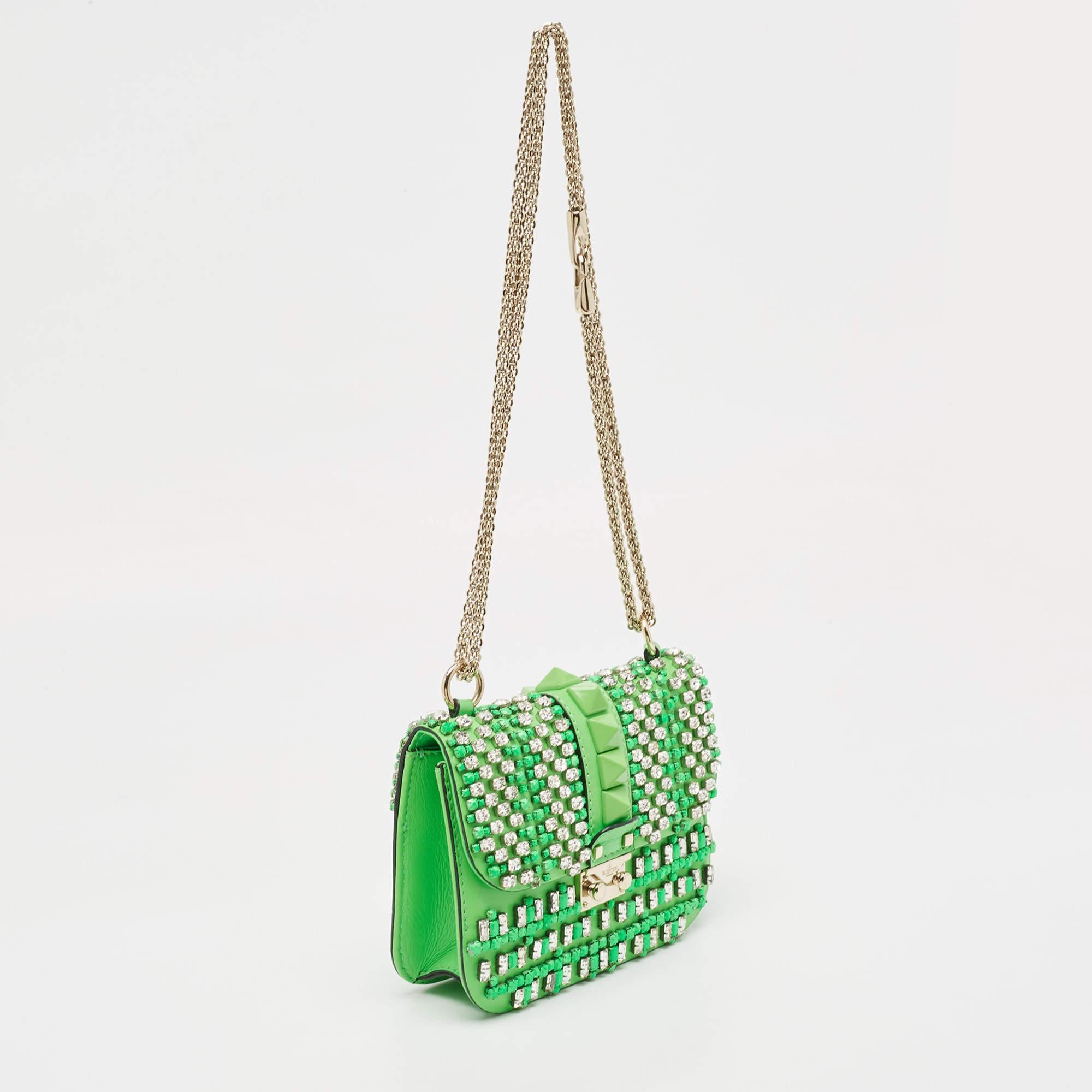 Women's Valentino Neon Green Leather Small Glam Lock Crystals Flap Bag For Sale