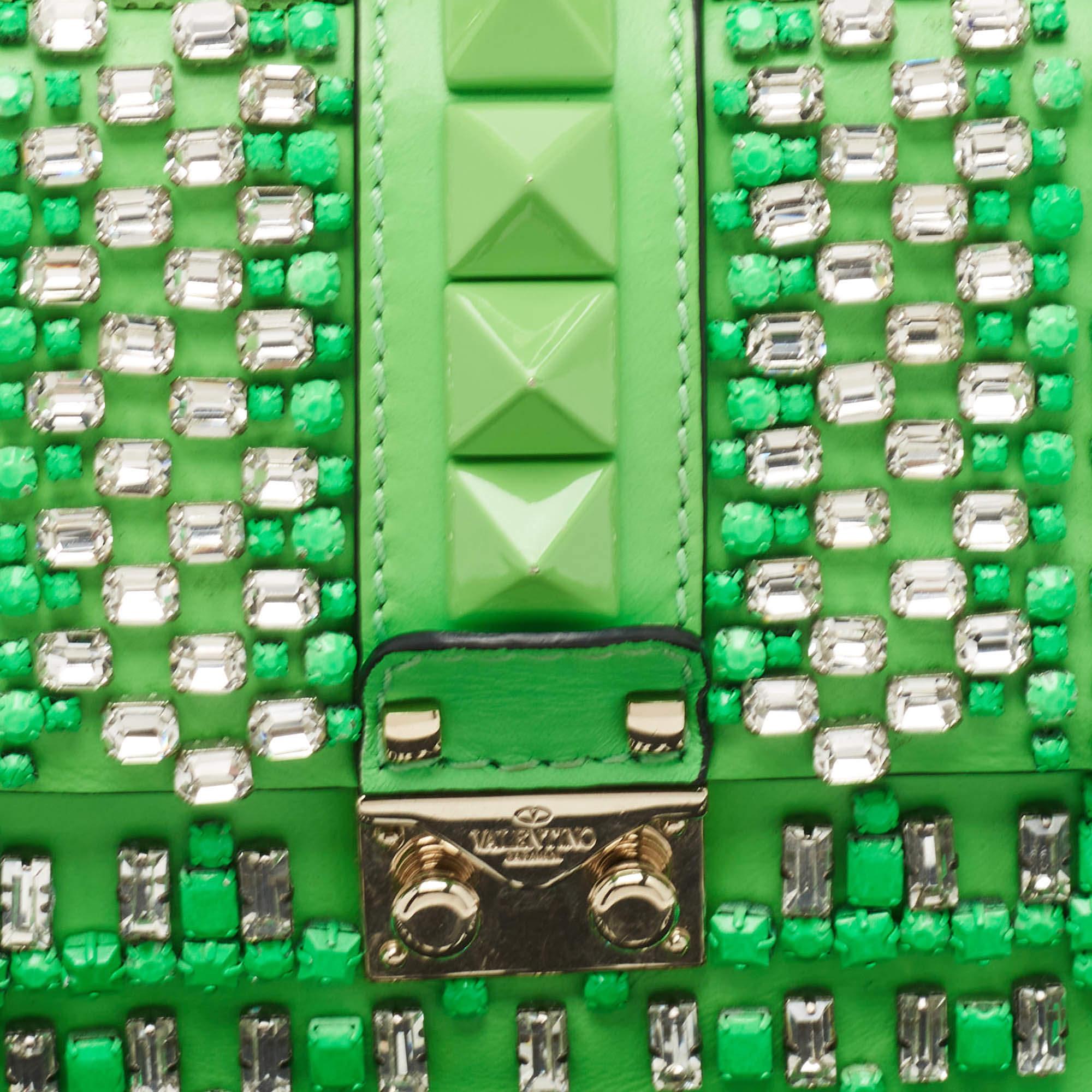 Valentino Neon Green Leather Small Glam Lock Crystals Flap Bag For Sale 5