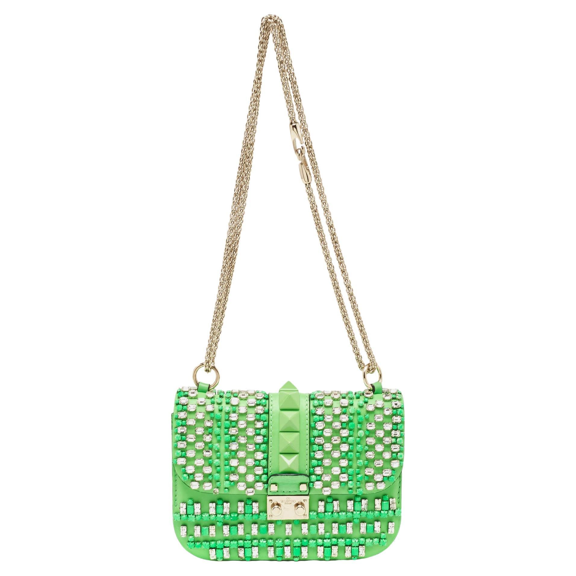 Valentino Neon Green Leather Small Glam Lock Crystals Flap Bag For Sale